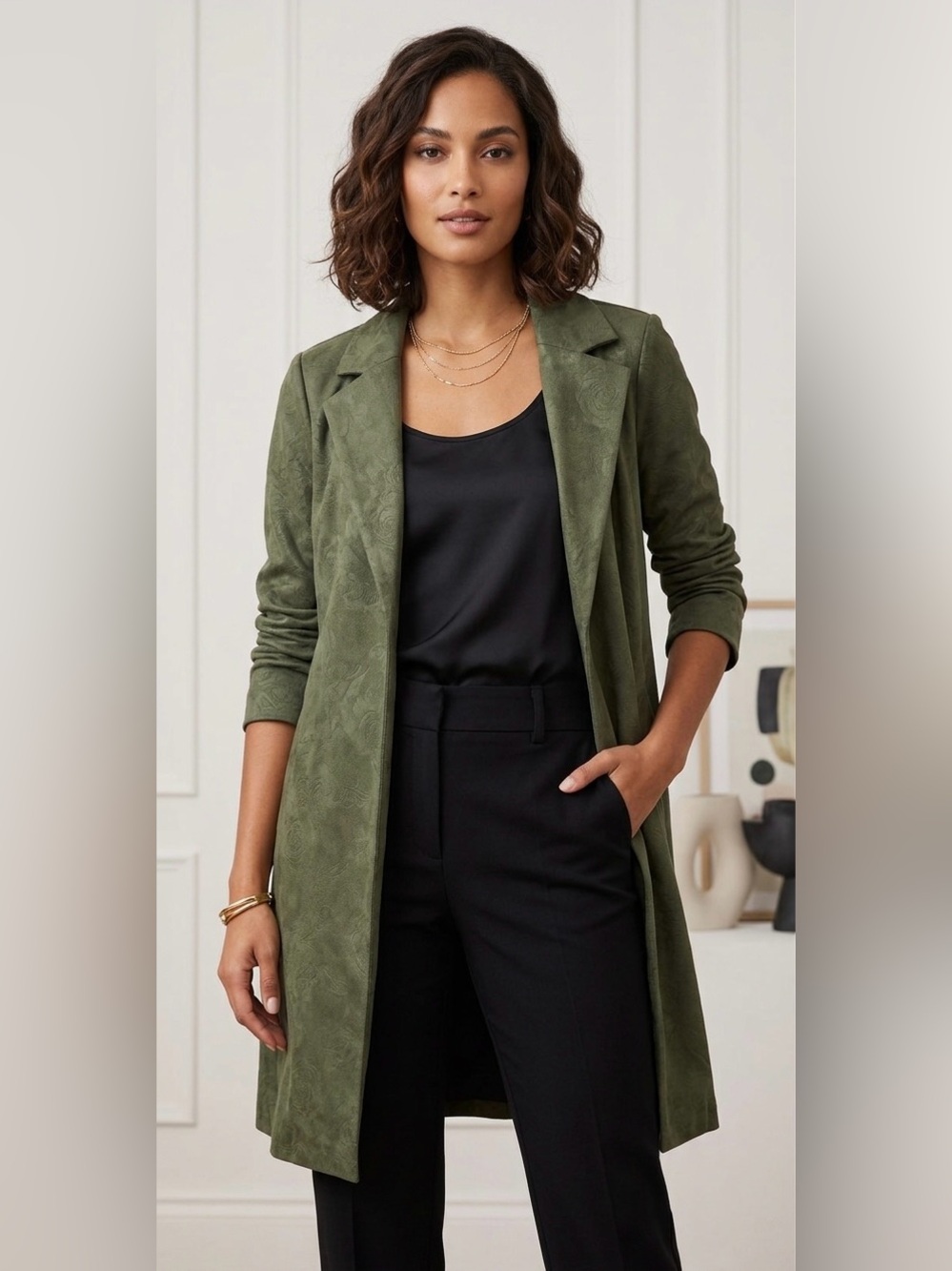 NWT Tahari Olive Green Embossed Faux Suede Duster Jacket Size SP
